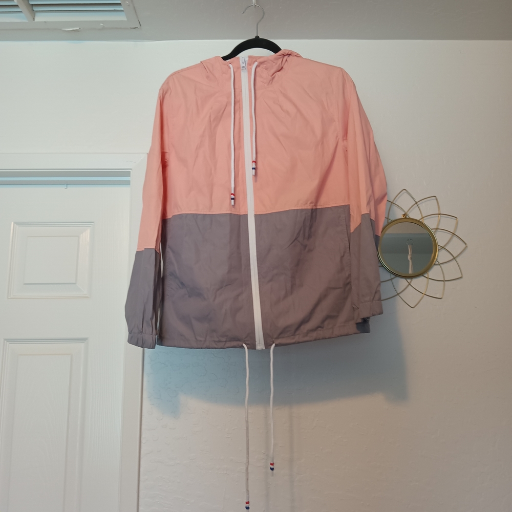 Meaneor Pink Gray Color Block Windbreaker Rain Jacket Hooded Medium